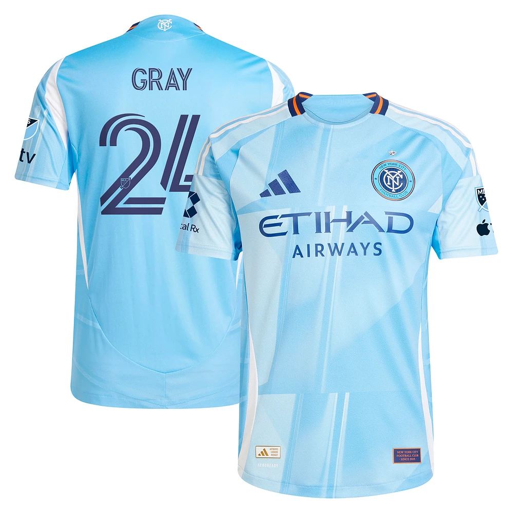 Men's adidas Tayvon Gray Light Blue New York City FC 2025 The Excelsior Kit Authentic Player Jersey