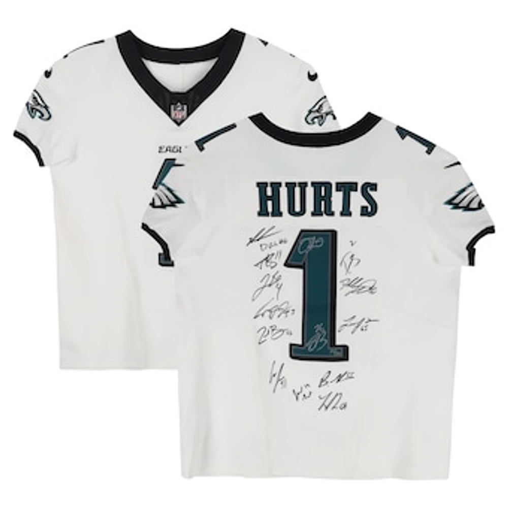 Philadelphia Eagles Super Bowl LIX Champions Autographed White Nike Jalen Hurts Vapor F.U.S.E. Elite Jersey with 15 Signatures - Limited Edition of 50