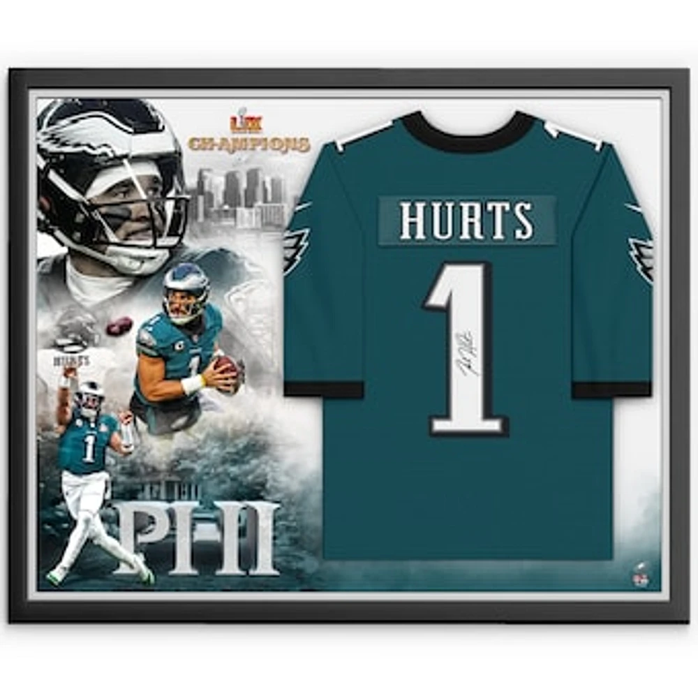 Jalen Hurts Philadelphia Eagles Autographed Super Bowl LIX Champions Framed Nike Midnight Green Game Jersey Collage