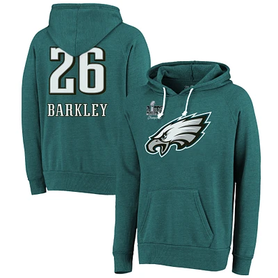 Men's Majestic Threads Saquon Barkley Midnight Green Philadelphia Eagles Super Bowl LIX Champions Name & Number Tri-Blend Pullover Hoodie