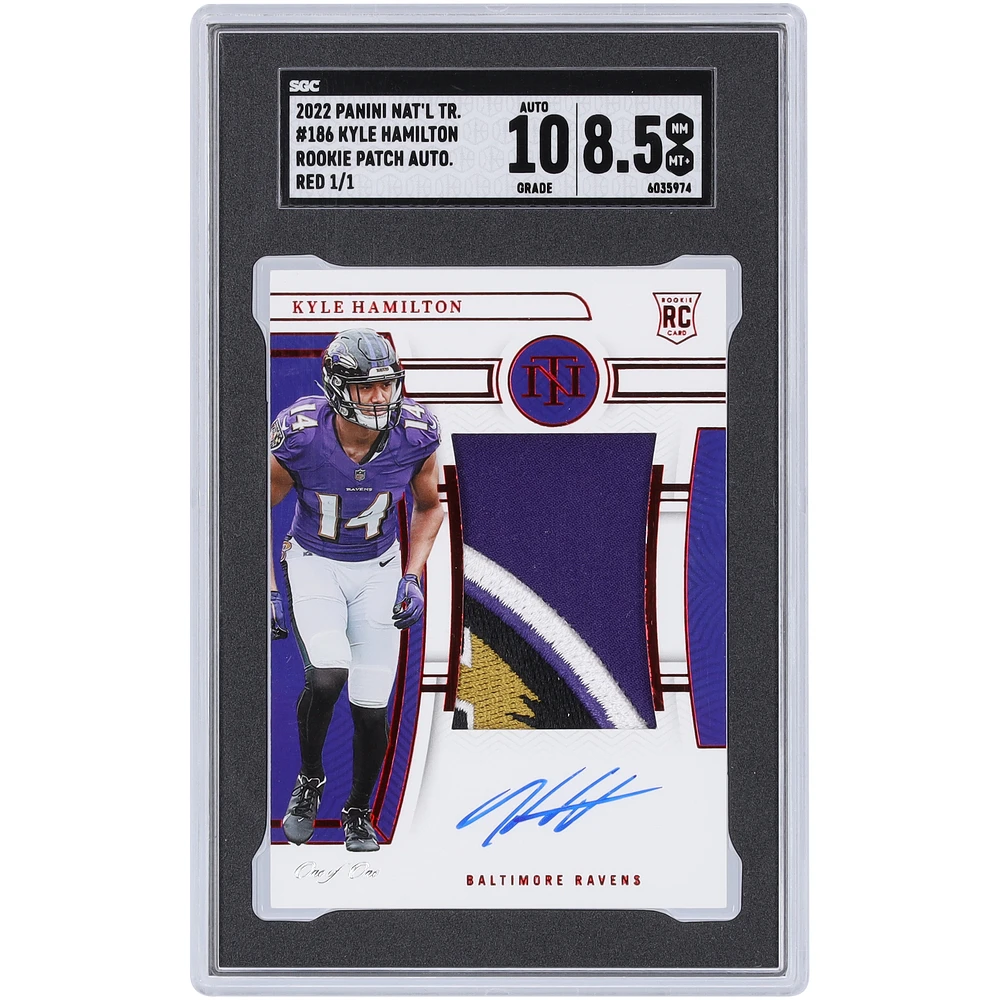 Kyle Hamilton Baltimore Ravens Autographed 2022 Panini National Treasures Logo Patch Relic #186 #1/1 SGC Authenticated 8.5/10 Rookie Card