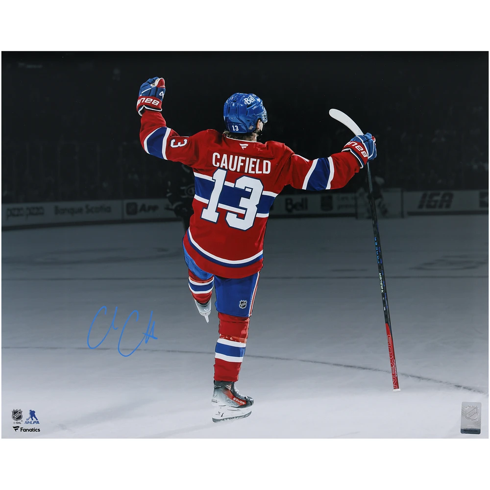Cole Caufield Montreal Canadiens Autographed 16" x 20" Red Jersey Spotlight Celebration Photograph
