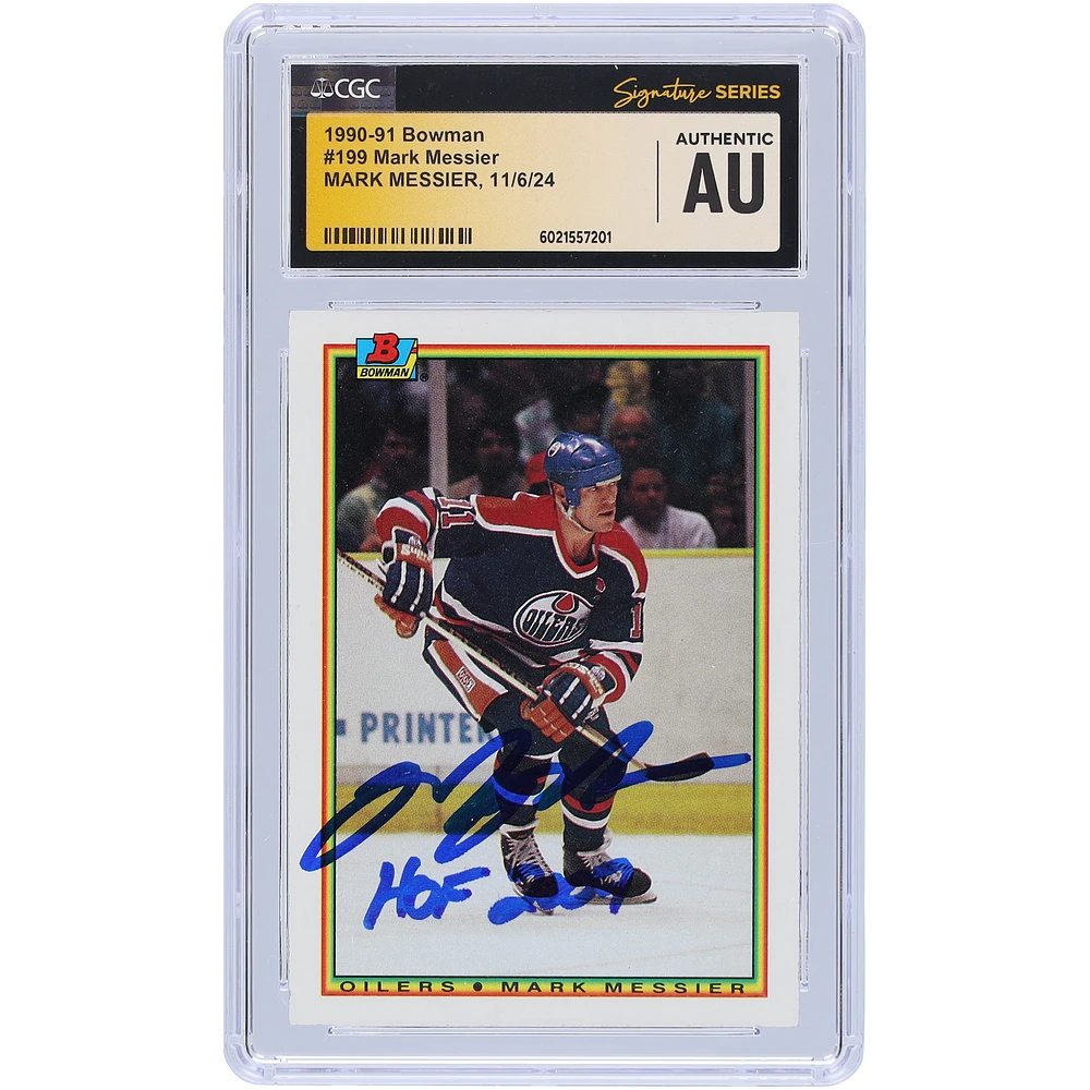 Mark Messier Edmonton Oilers Autographed 1990-91 Bowman #199 CGC Fanatics Witnessed Authenticated / Card with "HOF 2007" Inscription