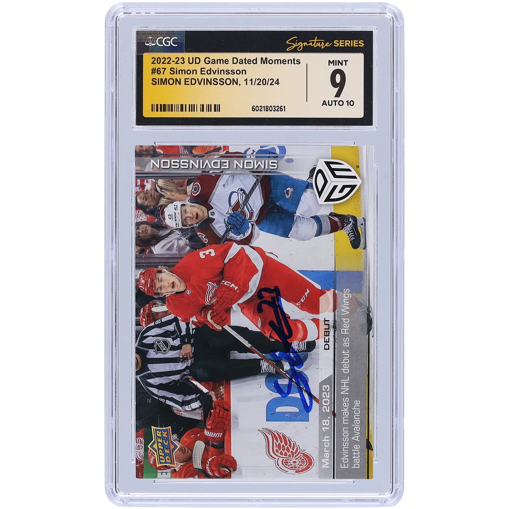 Simon Edvinsson Detroit Red Wings Autographed 2022-23 Upper Deck Game Dated Moments Makes NHL Debut As Red Wings Battle Avalanche #67 #/1199 CGC Fanatics Witnessed Authenticated / Rookie Card