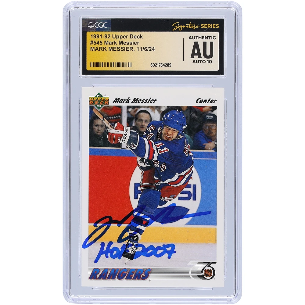 Mark Messier New York Rangers Autographed 1991-92 Upper Deck #545 CGC Fanatics Witnessed Authenticated Auto 10 Card with "HOF 2007" Inscription