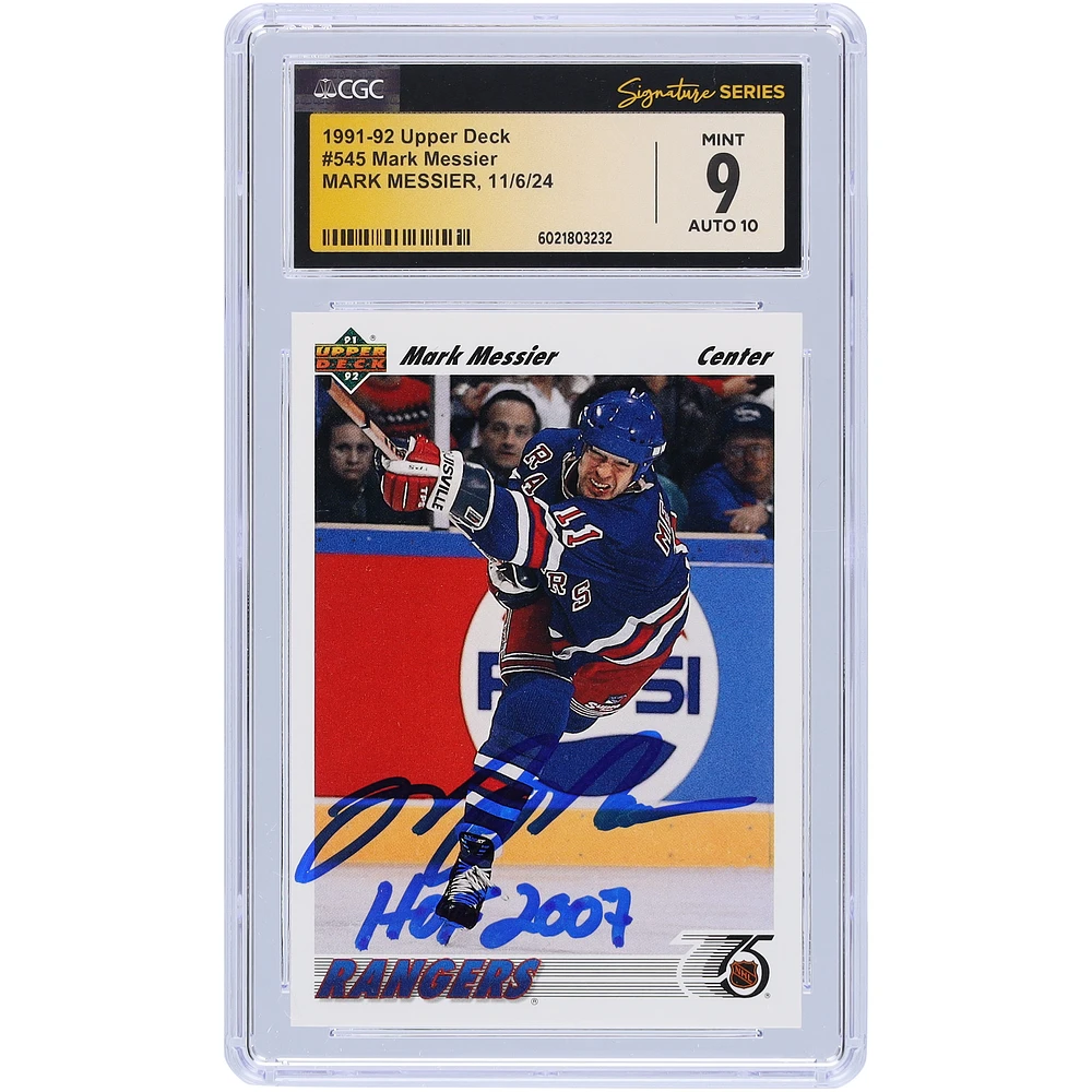 Mark Messier New York Rangers Autographed 1991-92 Upper Deck #545 CGC Fanatics Witnessed Authenticated Card with "HOF 2007" Inscription