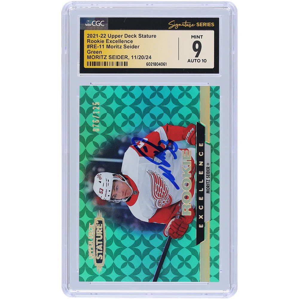 Moritz Seider Detroit Red Wings Autographed 2021-22 Upper Deck Stature Green Rookie Excellence #RE-11 #/125 CGC Fanatics Witnessed Authenticated 9/10 Rookie Card