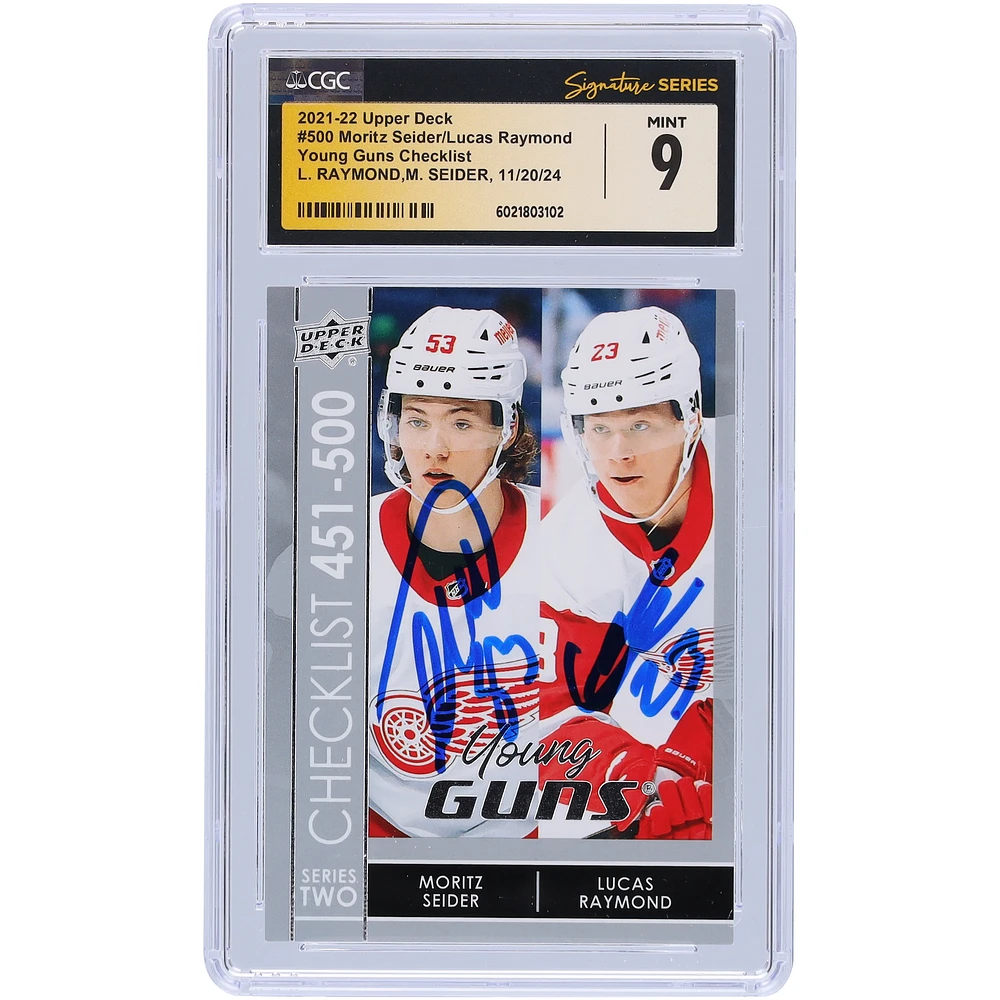 Moritz Seider & Lucas Raymond Detroit Red Wings Autographed 2021-22 Upper Deck Series 2 Young Guns Checklist #500 CGC Fanatics Witnessed Authenticated Rookie Card