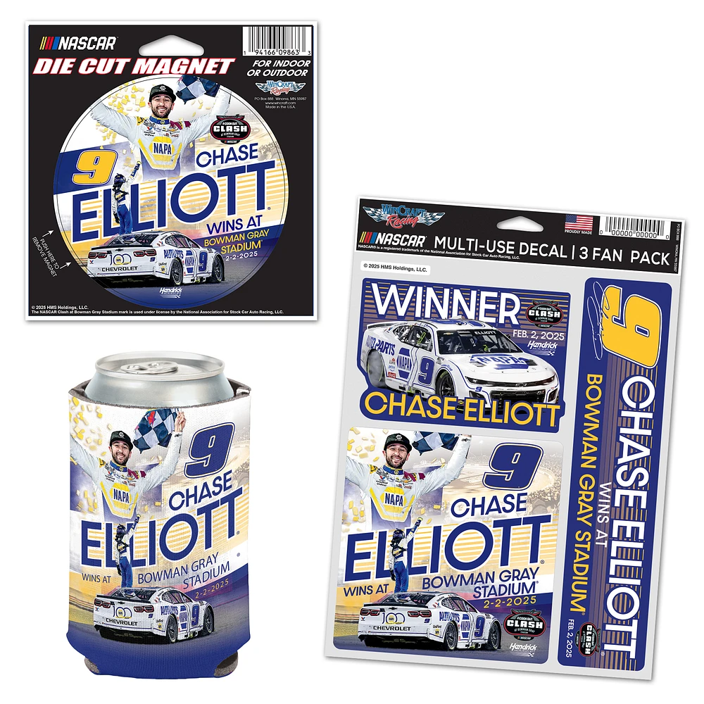 WinCraft Chase Elliott 2025 Cook Out Clash at Bowman Gray Race Winner Three-Piece Fan Pack