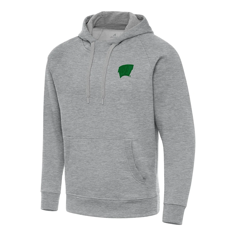Men's Antigua Heather Gray Wisconsin Badgers St. Patrick's Day Fleece Raglan Victory Pullover Hoodie