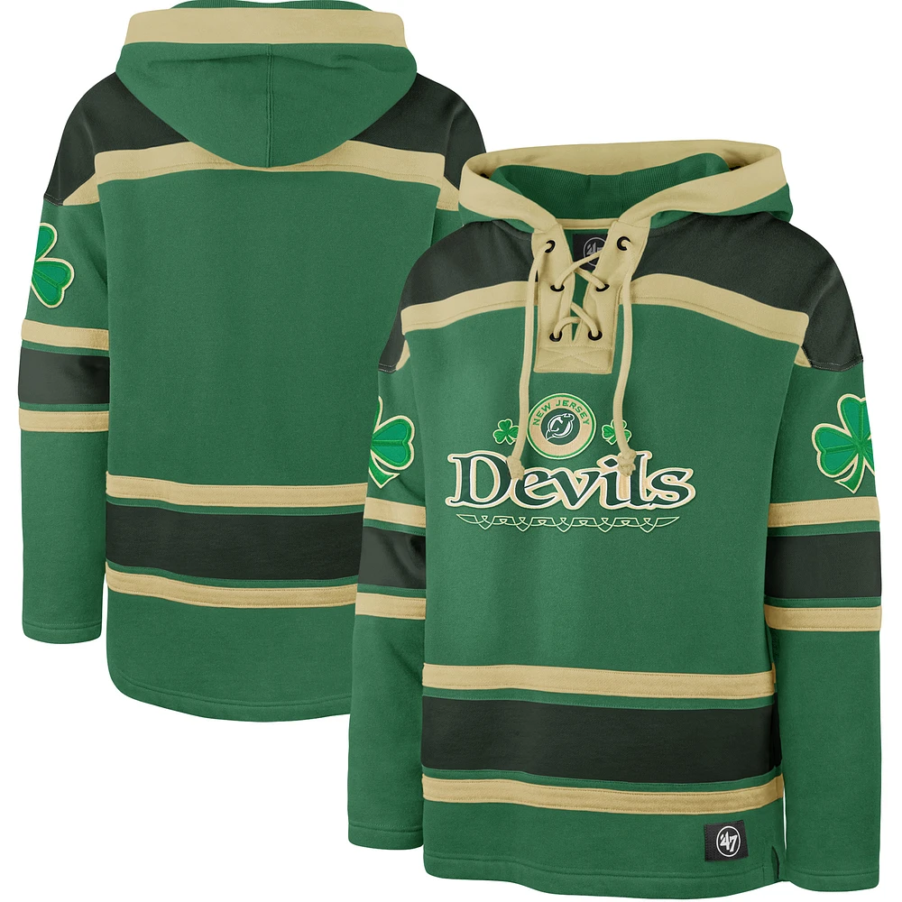 Men's '47 Kelly Green New Jersey Devils St. Patrick's Day McLucky Superior Lacer Pullover Hoodie