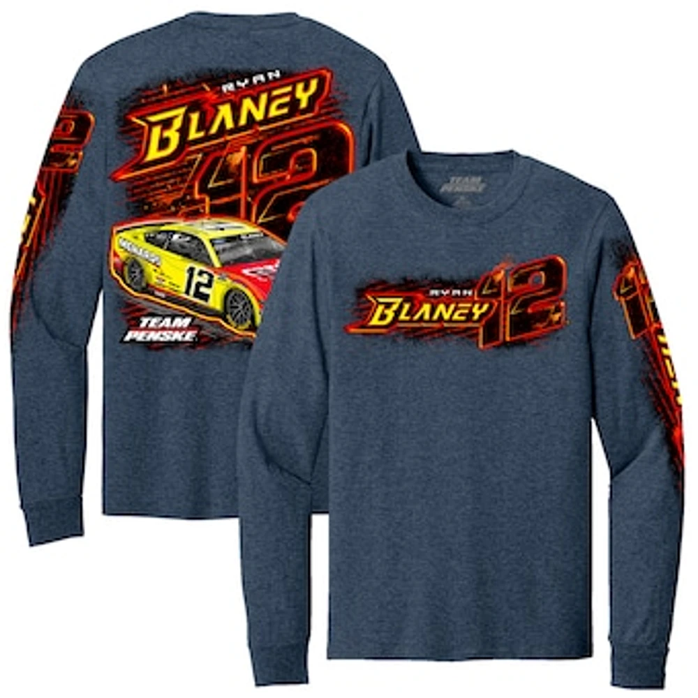 Men's Team Penske Heather Navy Ryan Blaney Menards Cardell #12 Car Long Sleeve T-Shirt