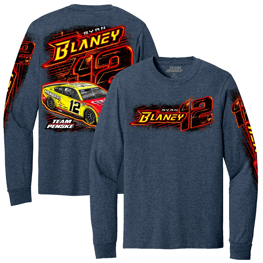 Men's Team Penske Heather Navy Ryan Blaney Menards Cardell #12 Car Long Sleeve T-Shirt