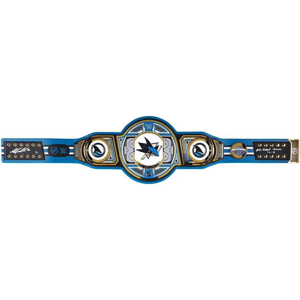 Macklin Celebrini San Jose Sharks Autographed WWE Legacy Title Belt with "NHL Debut 10-10-24" & "1G - 1A" Inscriptions