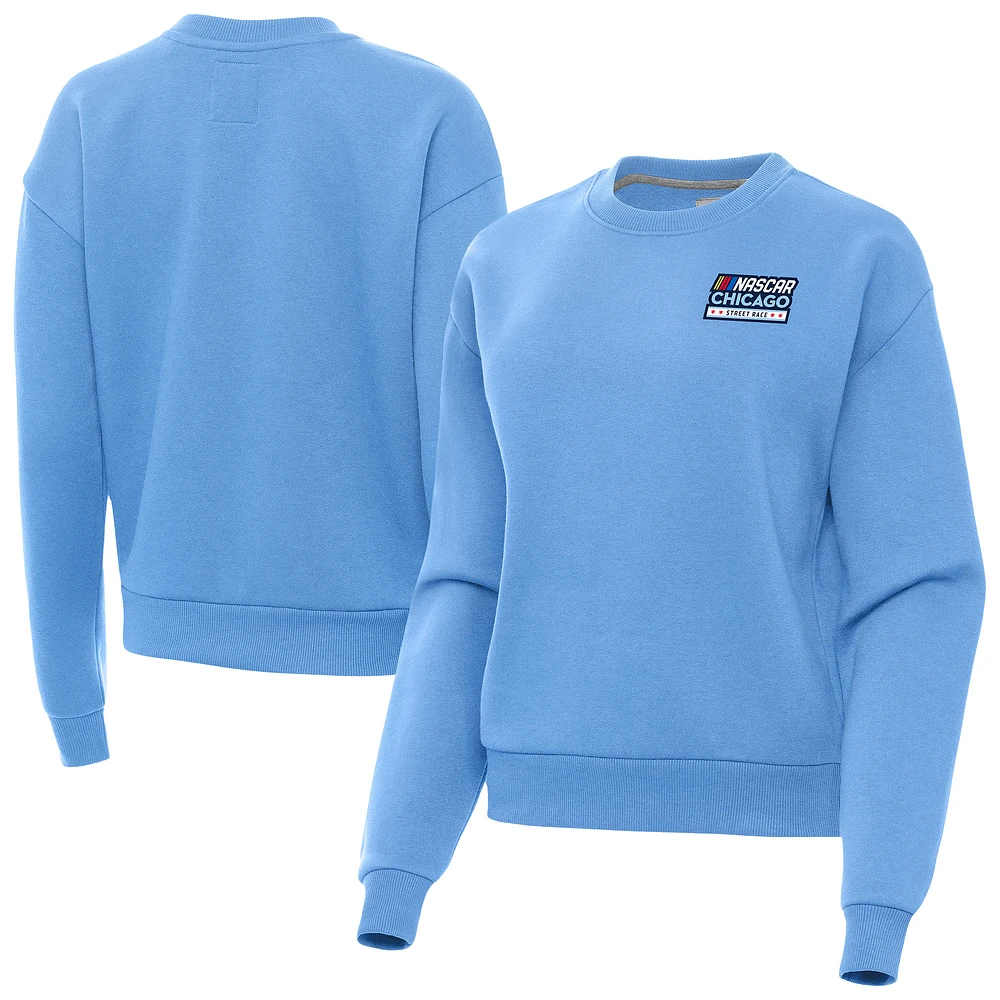 Women's Antigua Powder Blue NASCAR Chicago Street Race Victory Crew Neck Pullover Sweatshirt