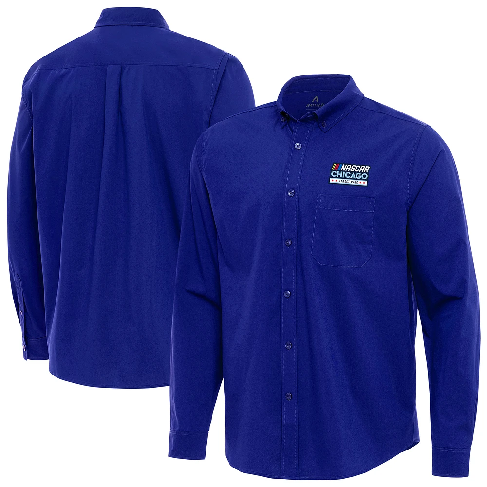 Men's Antigua Royal NASCAR Chicago Street Race Flight Woven Tri-Blend Long Sleeve Button-Down Shirt
