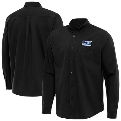 Men's Antigua Black NASCAR Chicago Street Race Flight Woven Tri-Blend Long Sleeve Button-Down Shirt