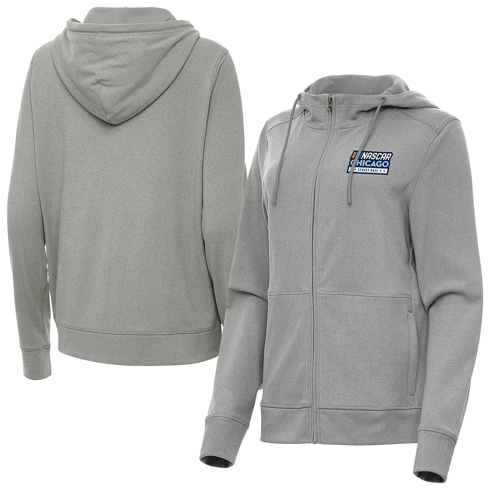 Women's Antigua Heather Gray NASCAR Chicago Street Race Seeker Full-Zip Hoodie Jacket