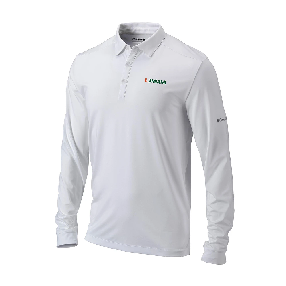 Men's Columbia White Miami Hurricanes Omni-Wick Pin High Long Sleeve Polo