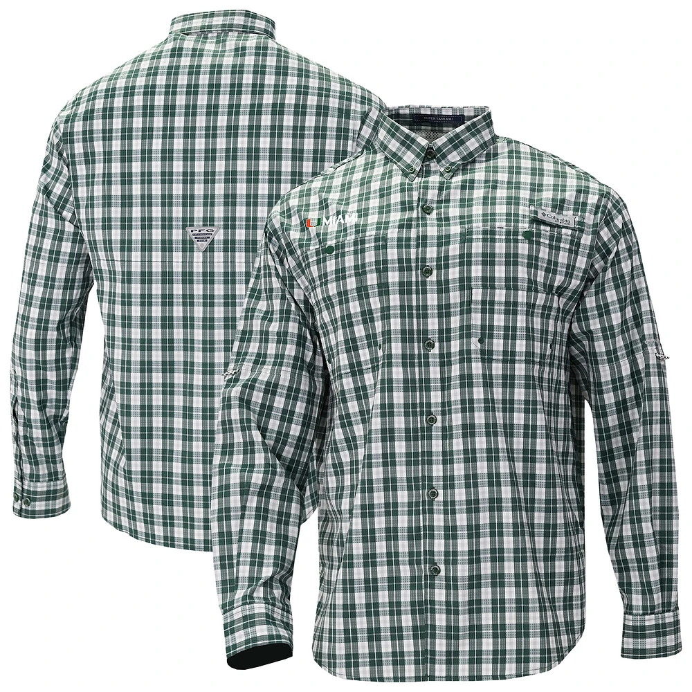Men's Columbia Green Miami Hurricanes Super Tamiami Omni-Shade Long Sleeve Button-Down Shirt