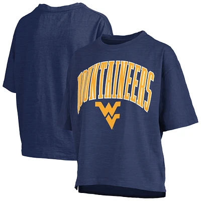 Women's Pressbox Navy West Virginia Mountaineers Nelson Arch Over Logo Waist Length Oversized Slub T-Shirt