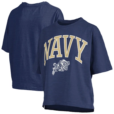 Women's Pressbox Navy Midshipmen Nelson Arch Over Logo Waist Length Oversized Slub T-Shirt
