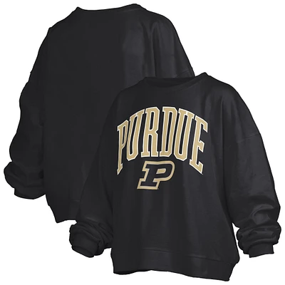 Women's Pressbox Black Purdue Boilermakers Janise Arch Over Logo Waist Length Oversized Pullover Sweatshirt