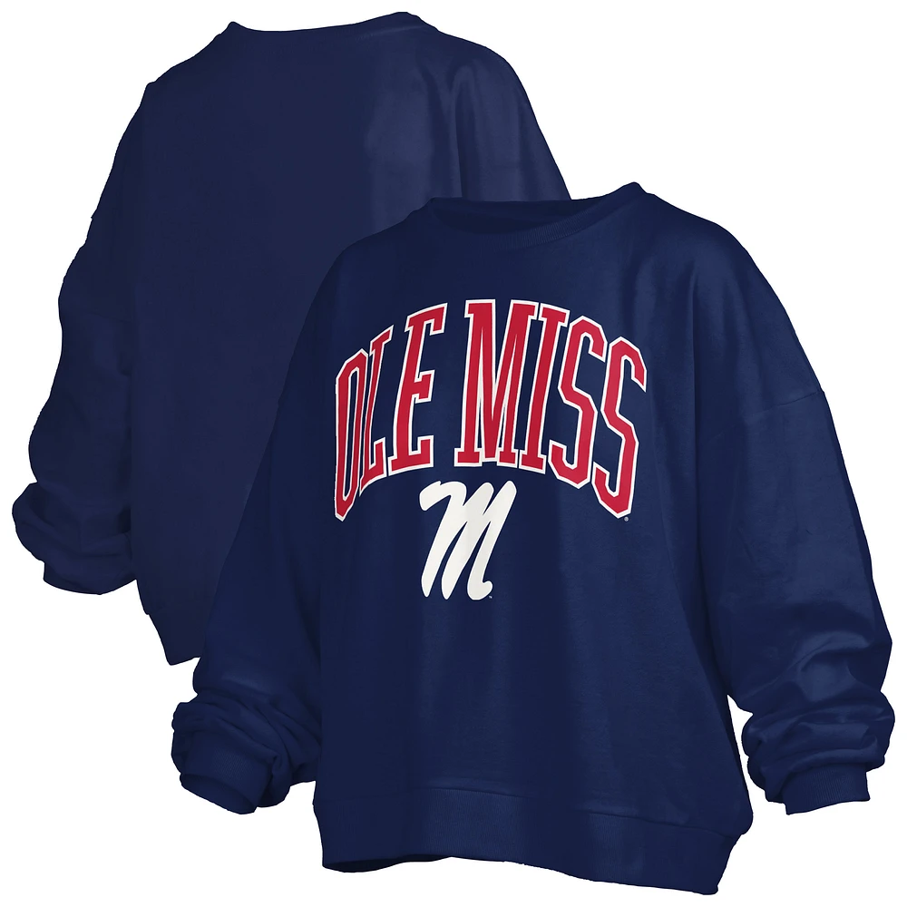 Women's Pressbox Navy Ole Miss Rebels Janise Arch Over Logo Waist Length Oversized Pullover Sweatshirt
