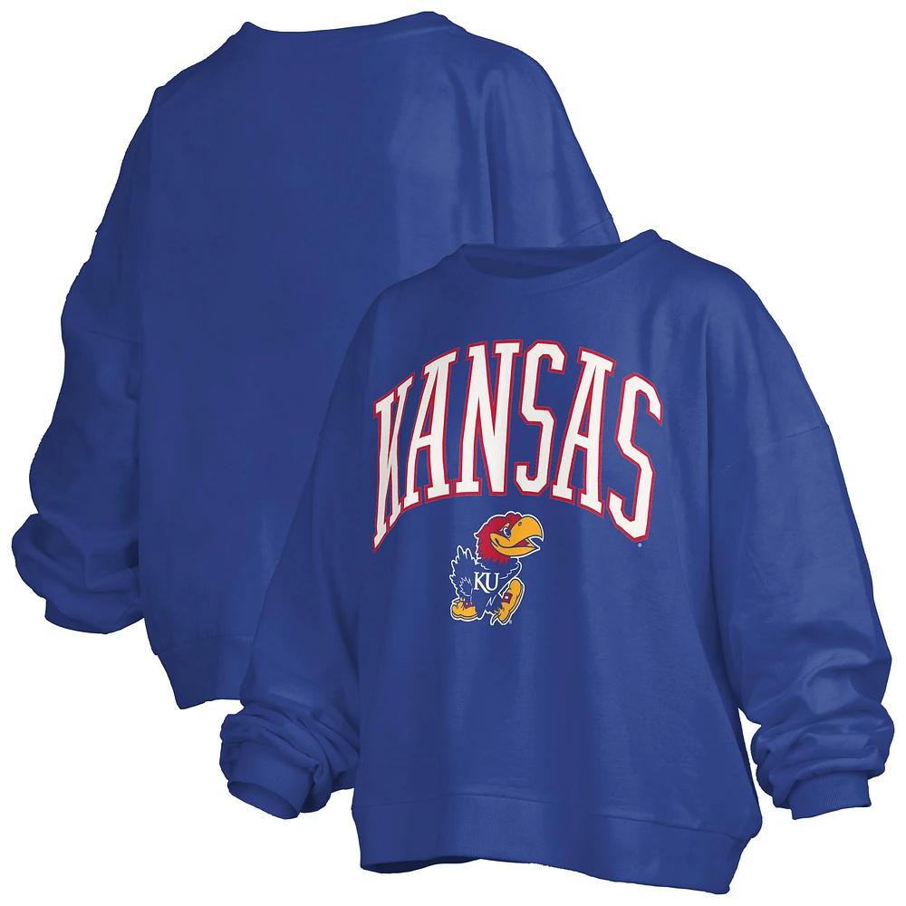 Women's Pressbox Royal Kansas Jayhawks Janise Arch Over Logo Waist Length Oversized Pullover Sweatshirt