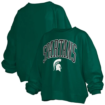 Women's Pressbox Green Michigan State Spartans Janise Arch Over Logo Waist Length Oversized Pullover Sweatshirt
