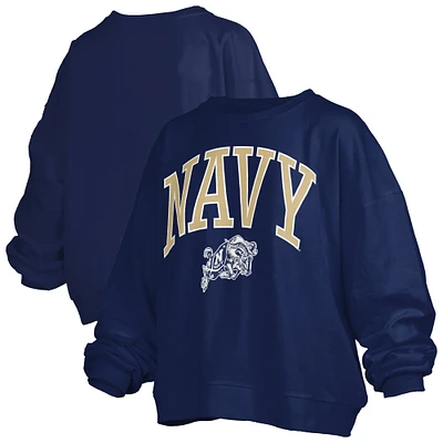 Women's Pressbox Navy Midshipmen Janise Arch Over Logo Waist Length Oversized Pullover Sweatshirt