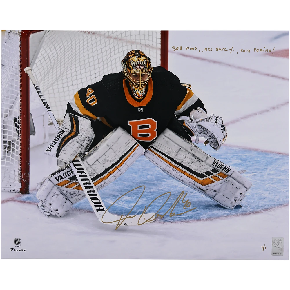 Tuukka Rask Boston Bruins Autographed 16" x 20" Black Alternate Jersey In Net Photograph with Multiple Inscriptions - Signed in Gold Ink - Limited Edition #1/1