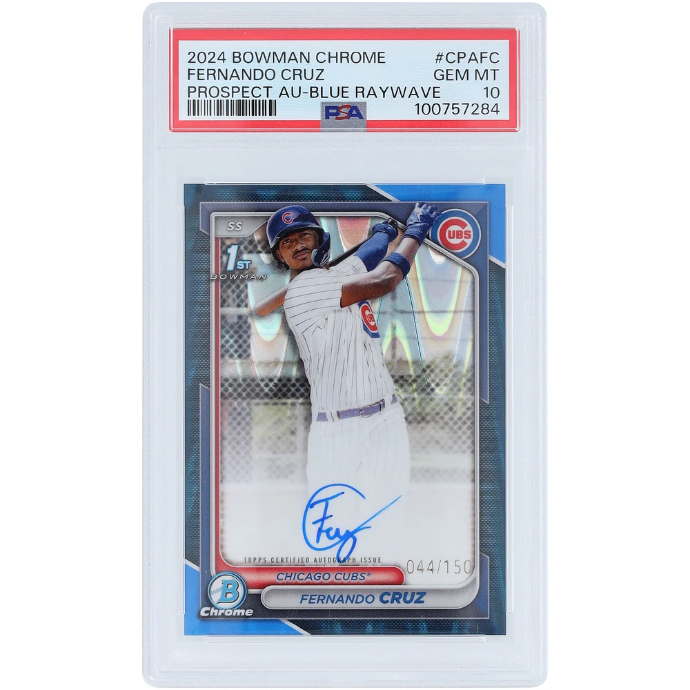 Fernando Cruz Chicago Cubs Autographed 2024 Bowman Chrome 1st Bowman Blue Raywave #CPA-FC #44/150 PSA Authenticated 10 Card