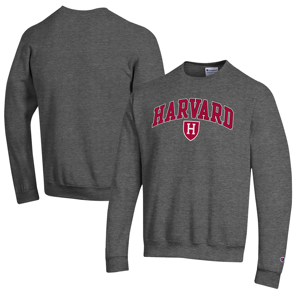 Men's Champion Heather Charcoal Harvard Crimson Arch Over Logo Pullover Sweatshirt
