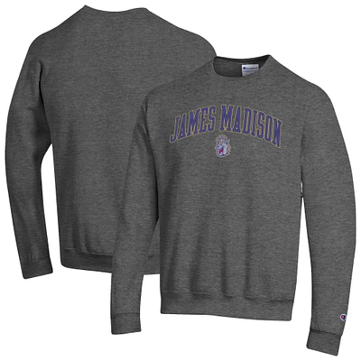 Men's Champion Heather Charcoal James Madison Dukes Arch Over Logo Pullover Sweatshirt