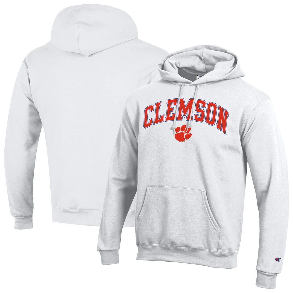 Men's Champion White Clemson Tigers Arched Logo Fleece Pullover Hoodie