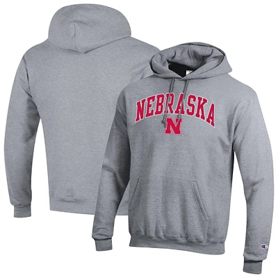 Men's Champion Heather Gray Nebraska Huskers Arched Logo Fleece Pullover Hoodie