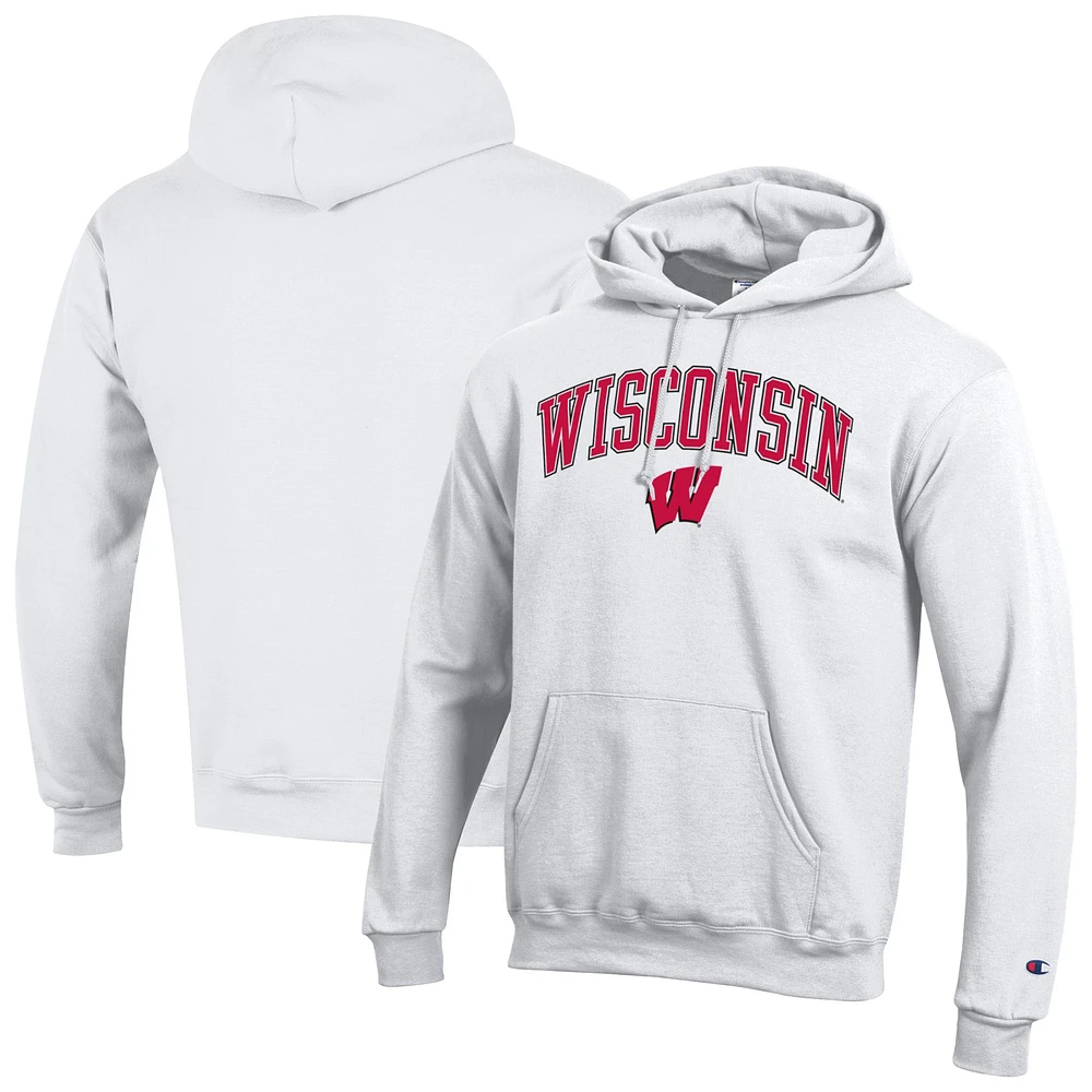 Men's Champion White Wisconsin Badgers Arched Logo Fleece Pullover Hoodie