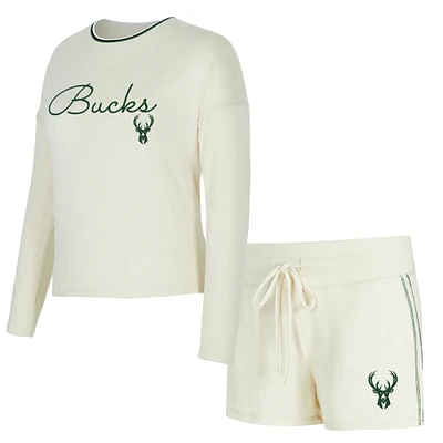 Women's Concepts Sport Cream Milwaukee Bucks Kaki Hacci Knit Long Sleeve Top & Shorts Set