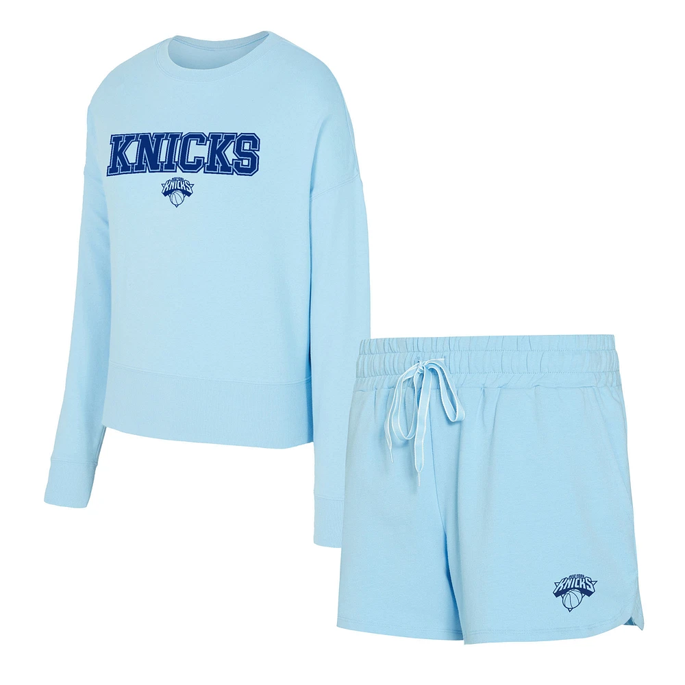 Women's Concepts Sport Light Blue New York Knicks Elevation Tri-Blend Long Sleeve Top & Shorts Set