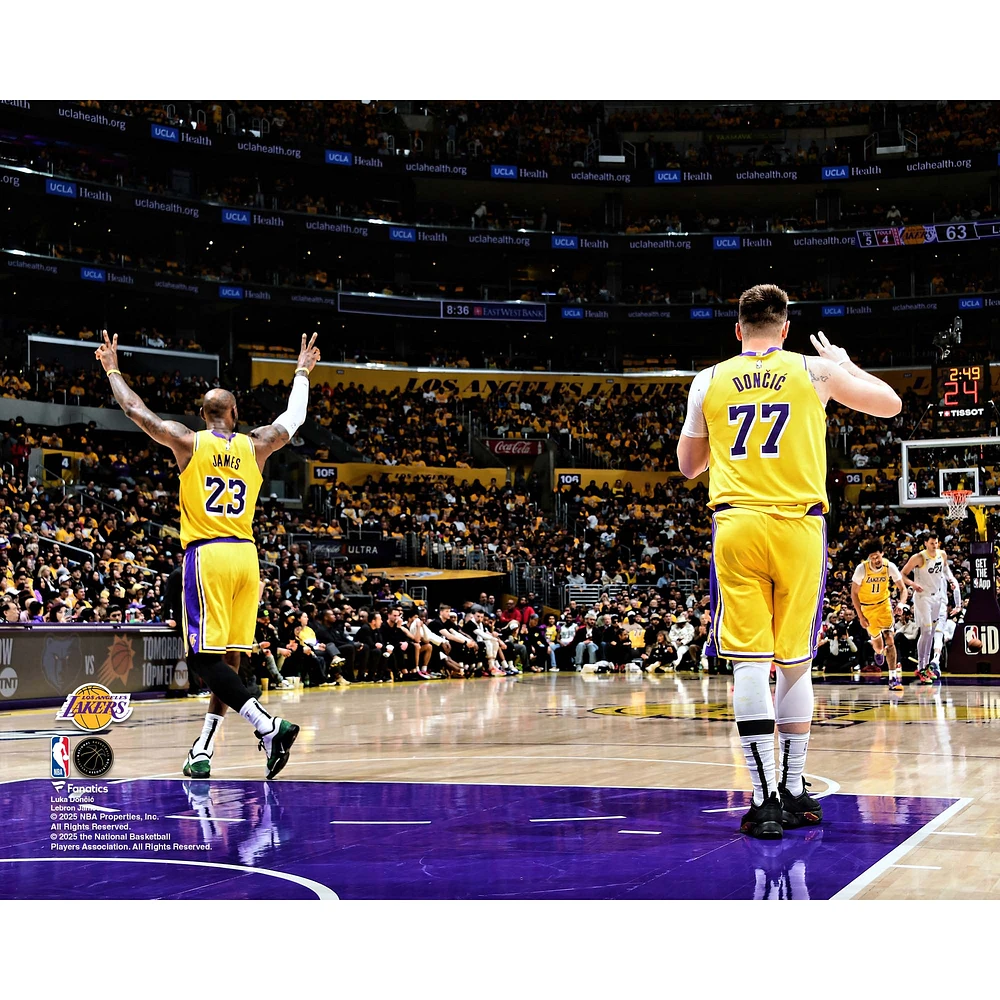 Luka Dončić & LeBron James Los Angeles Lakers Unsigned On Court Debut Photograph