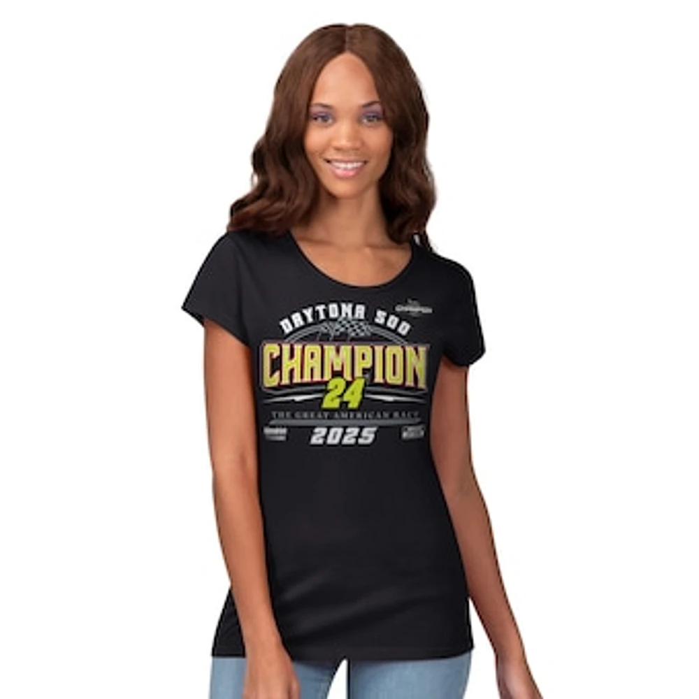 Women's G-III 4Her by Carl Banks Black William Byron 2025 Daytona 500 Champion Endzone Scoop Neck T-Shirt