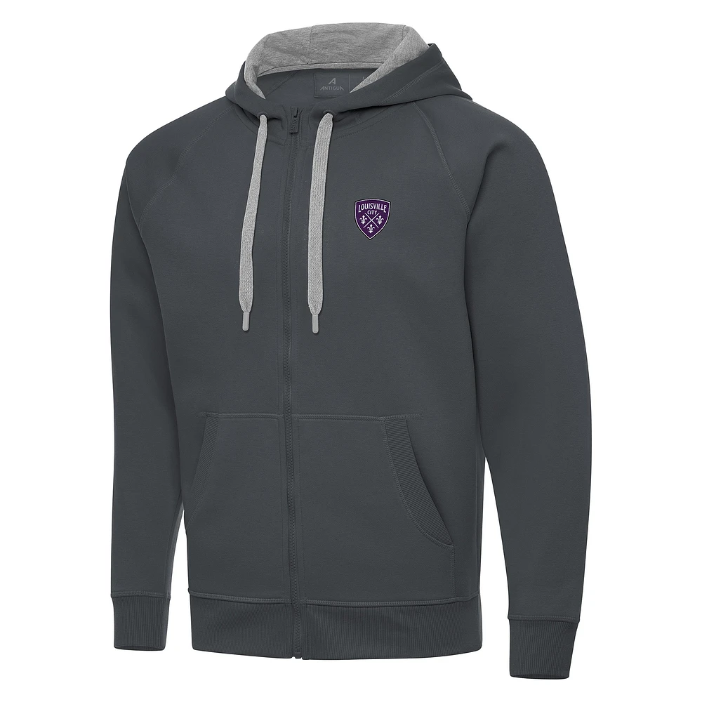 Men's Antigua Charcoal Louisville City FC Victory Raglan Full-Zip Fleece Hoodie