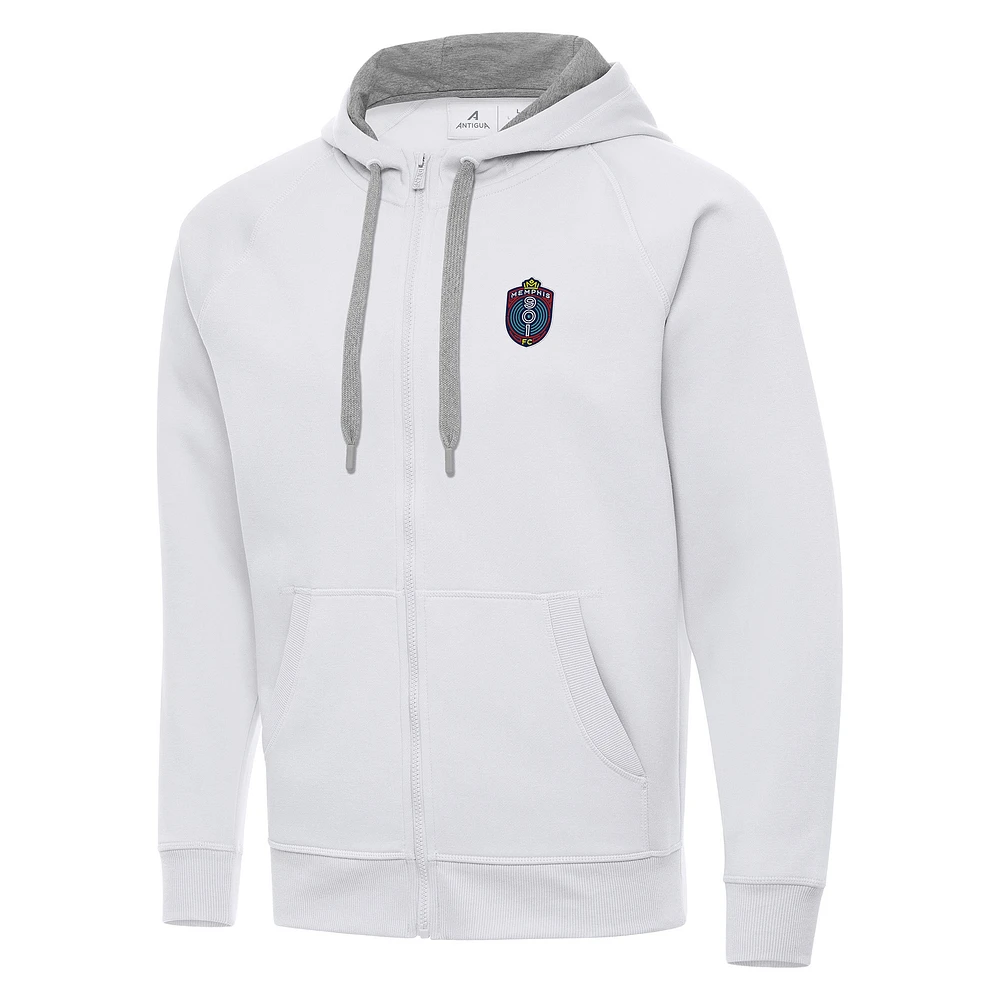 Men's Antigua White Memphis 901 FC Victory Raglan Full-Zip Fleece Hoodie