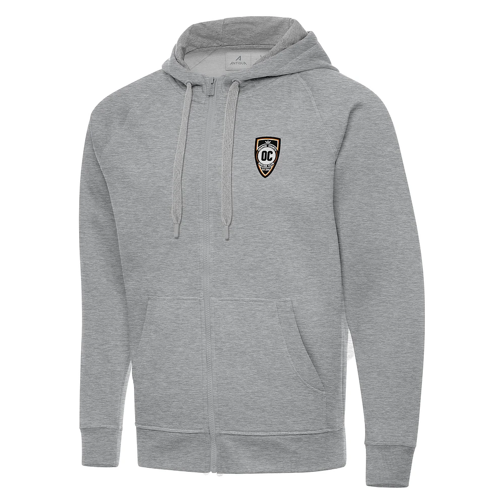 Men's Antigua Heather Gray Orange County SC Victory Raglan Full-Zip Fleece Hoodie