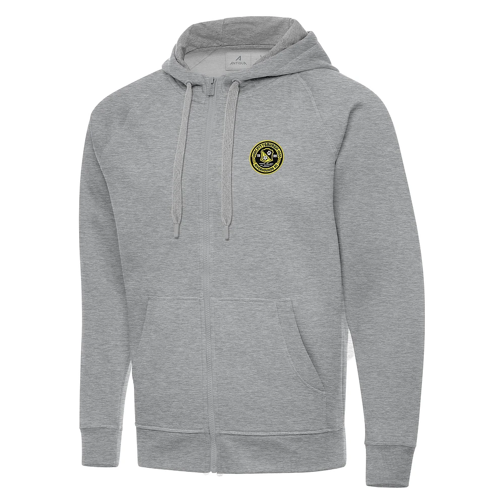 Men's Antigua Heather Gray Pittsburgh Riverhounds SC Victory Raglan Full-Zip Fleece Hoodie