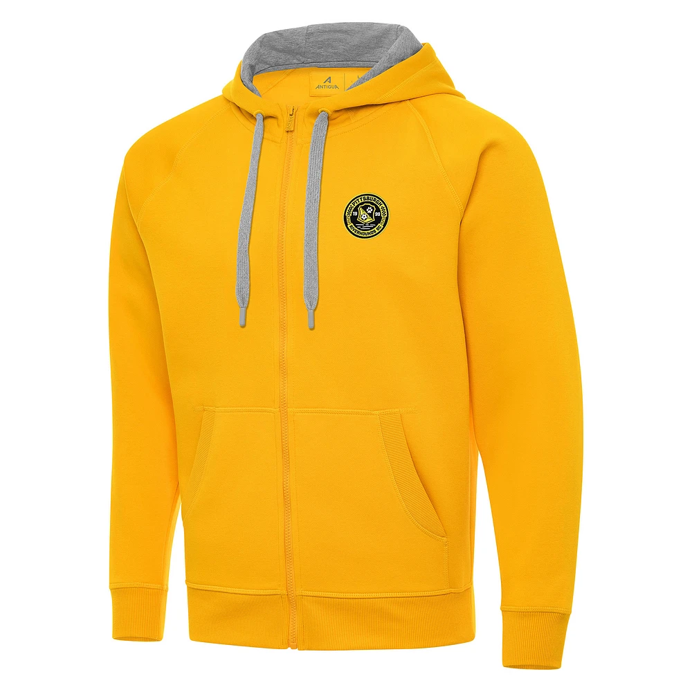Men's Antigua Gold Pittsburgh Riverhounds SC Victory Raglan Full-Zip Fleece Hoodie
