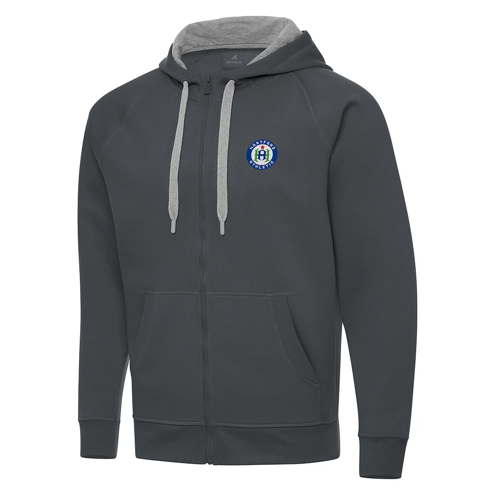 Men's Antigua Charcoal Hartford Athletic Victory Raglan Full-Zip Fleece Hoodie