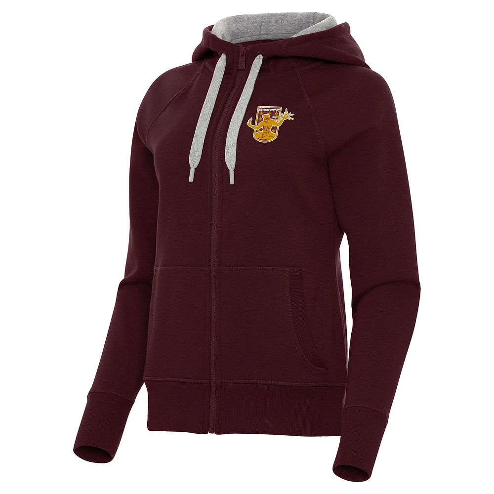 Women's Antigua Maroon Detroit City FC Victory Raglan Fleece Full-Zip Hoodie