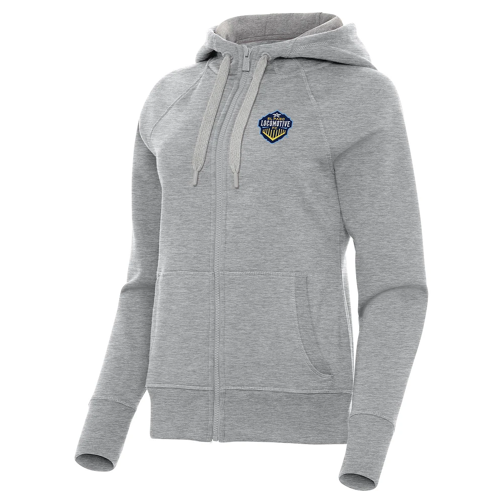 Women's Antigua Heather Gray El Paso Locomotive FC Victory Raglan Fleece Full-Zip Hoodie